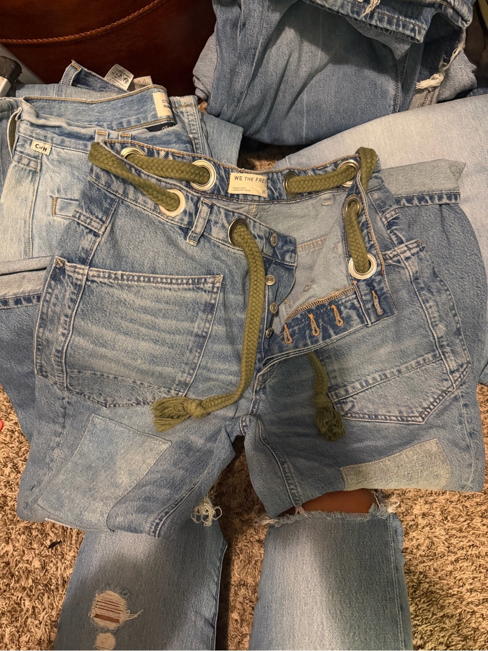 We The Free Light Blue Patchwork Jeans with Olive Rope Waist